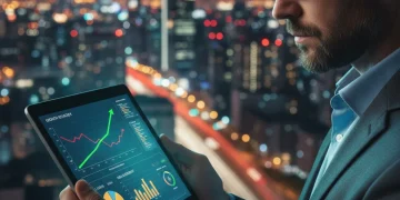 Persona analizando gráficos financieros en una tableta, simbolizando decisiones económicas inteligentes.