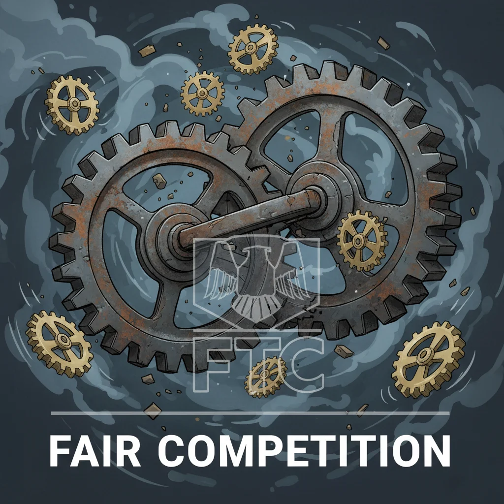 Intertwined gears illustrating antitrust and fair competition issues, overseen by FTC regulations