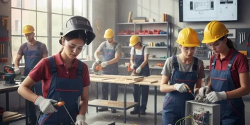 Young apprentices learning skilled trades in a modern workshop, representing a debt-free career path.