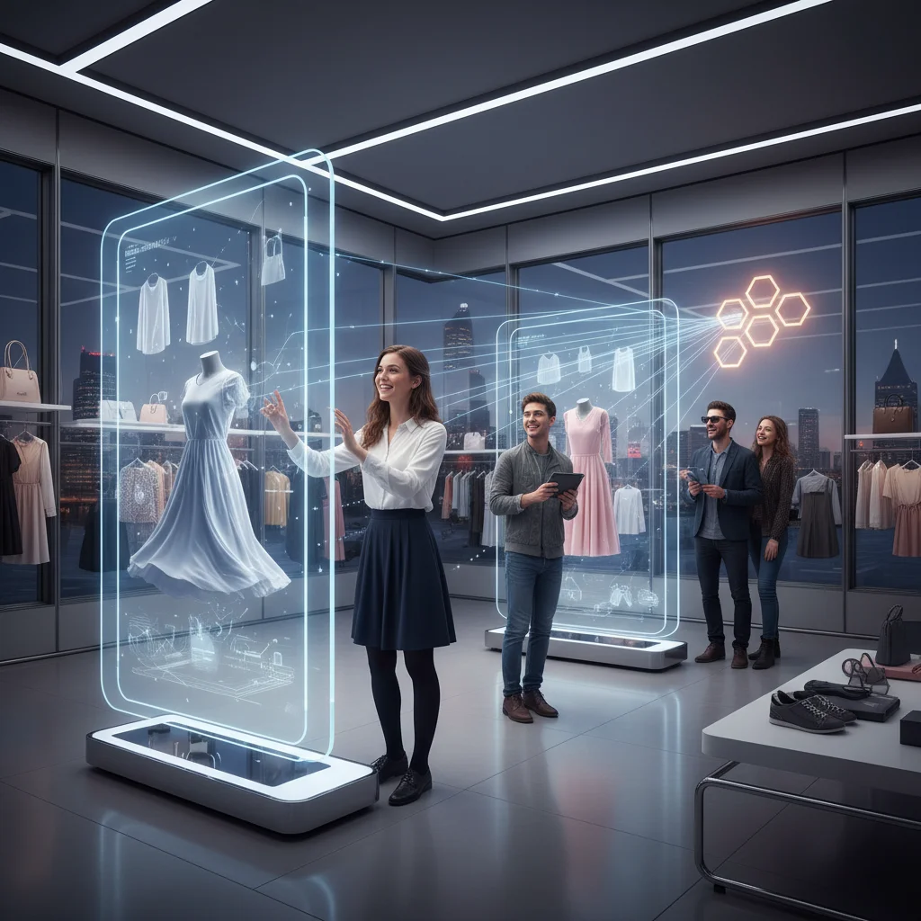 Customers using AR shopping, data flowing to a central hub.