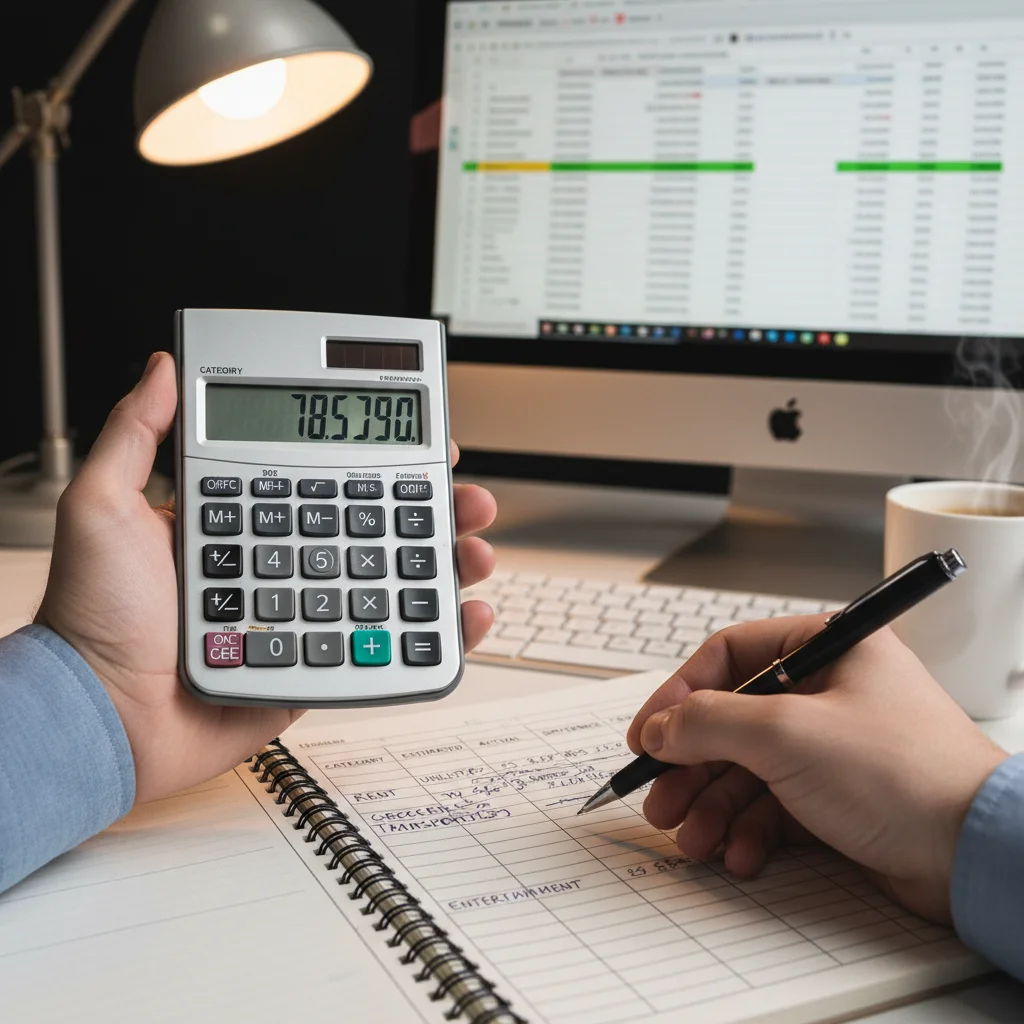 Hands using calculator and pen on a budget spreadsheet, showing financial adjustments.