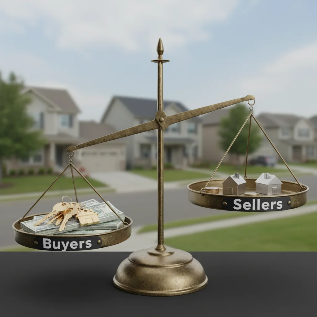 Balanced scale representing shifting power dynamics between buyers and sellers in the 2026 housing market.