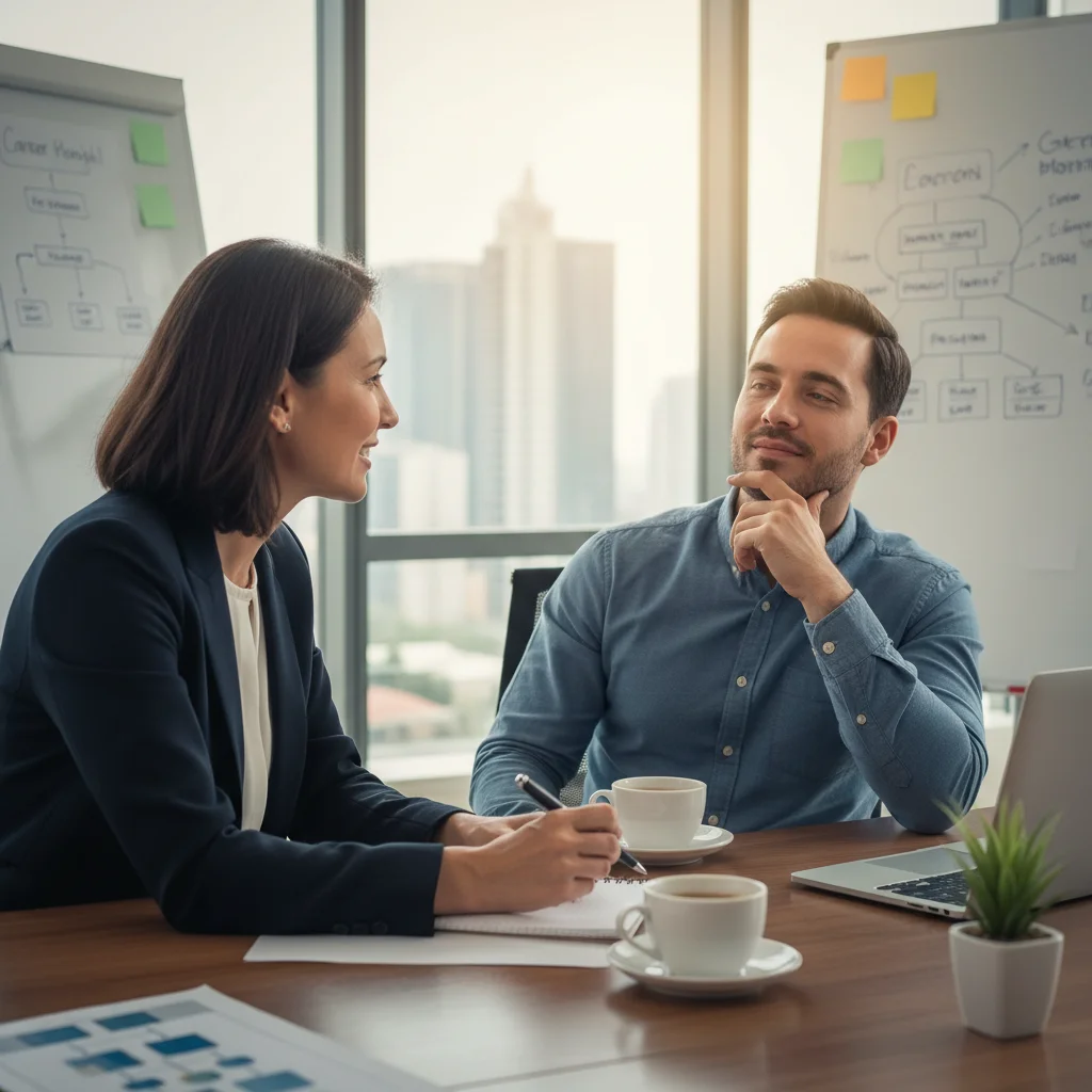 Career coach actively listening to a coachee during a goal-setting session