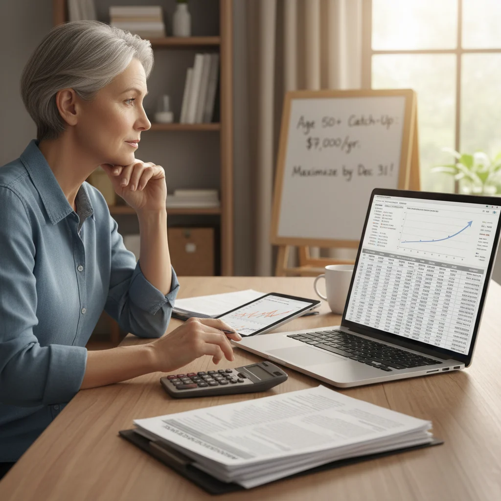 Older individual reviewing financial statements, focusing on retirement savings and catch-up contributions