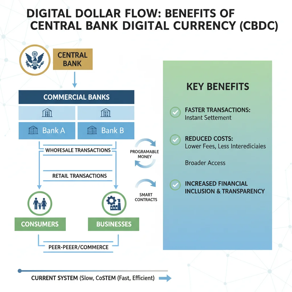 Infographic illustrating the flow and benefits of a central bank digital currency (CBDC) system.