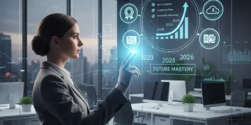 Professional reviewing future career certifications on a holographic screen