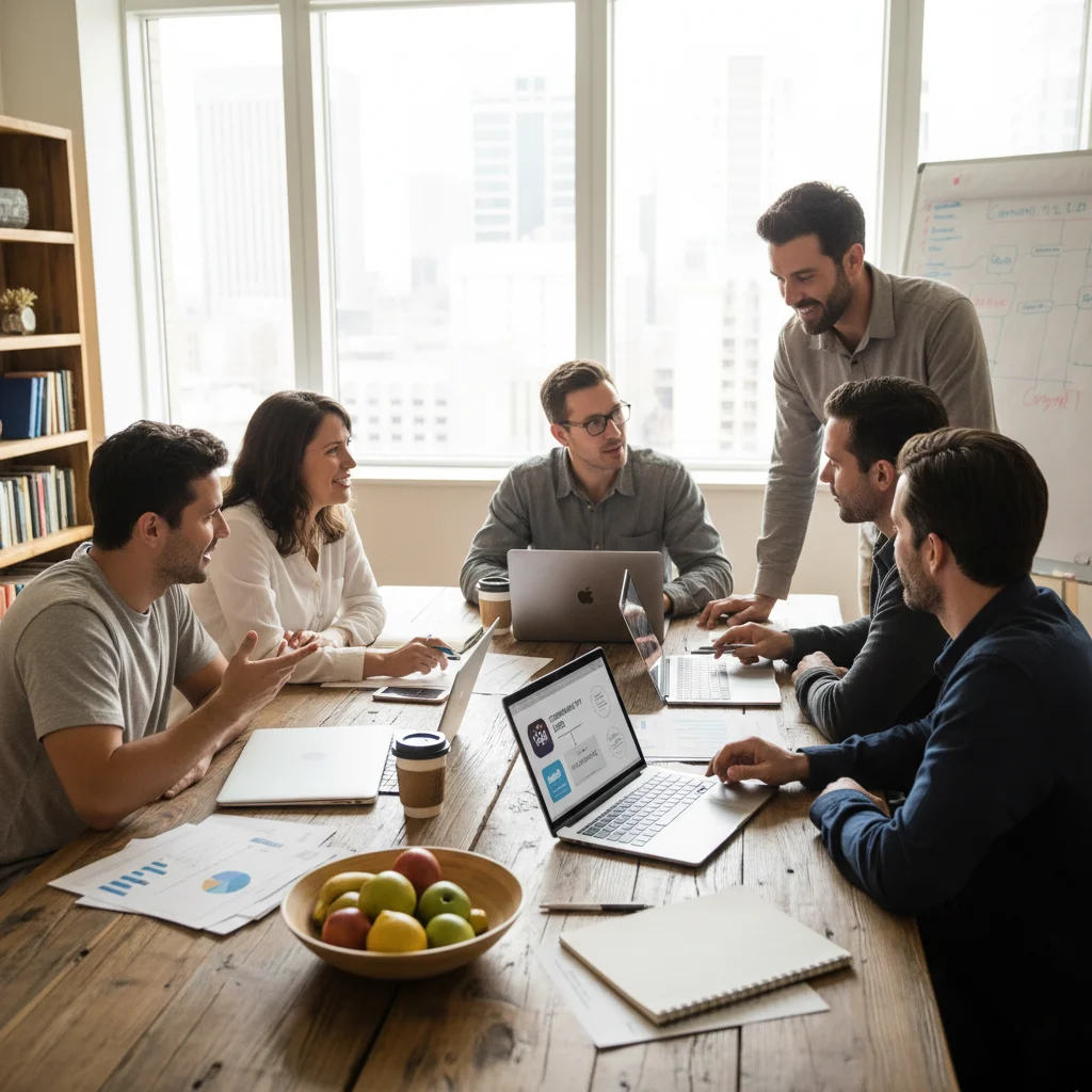Grupo de personas colaborando en un entorno de préstamo comunitario o cooperativo.
