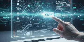 Illustration of consumer interacting with automated decision system in 2026, highlighting review rights.