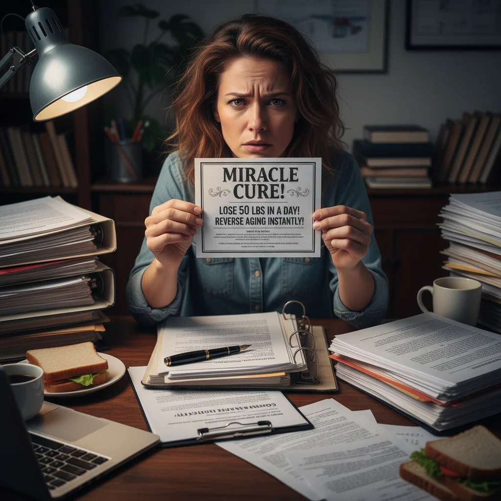 Consumer examining product label with exaggerated claims, preparing to report false advertising.
