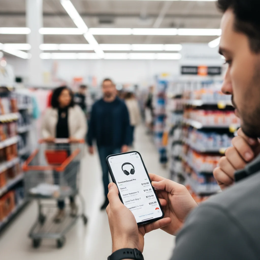 Consumer comparing dynamic prices on a smartphone in a store.