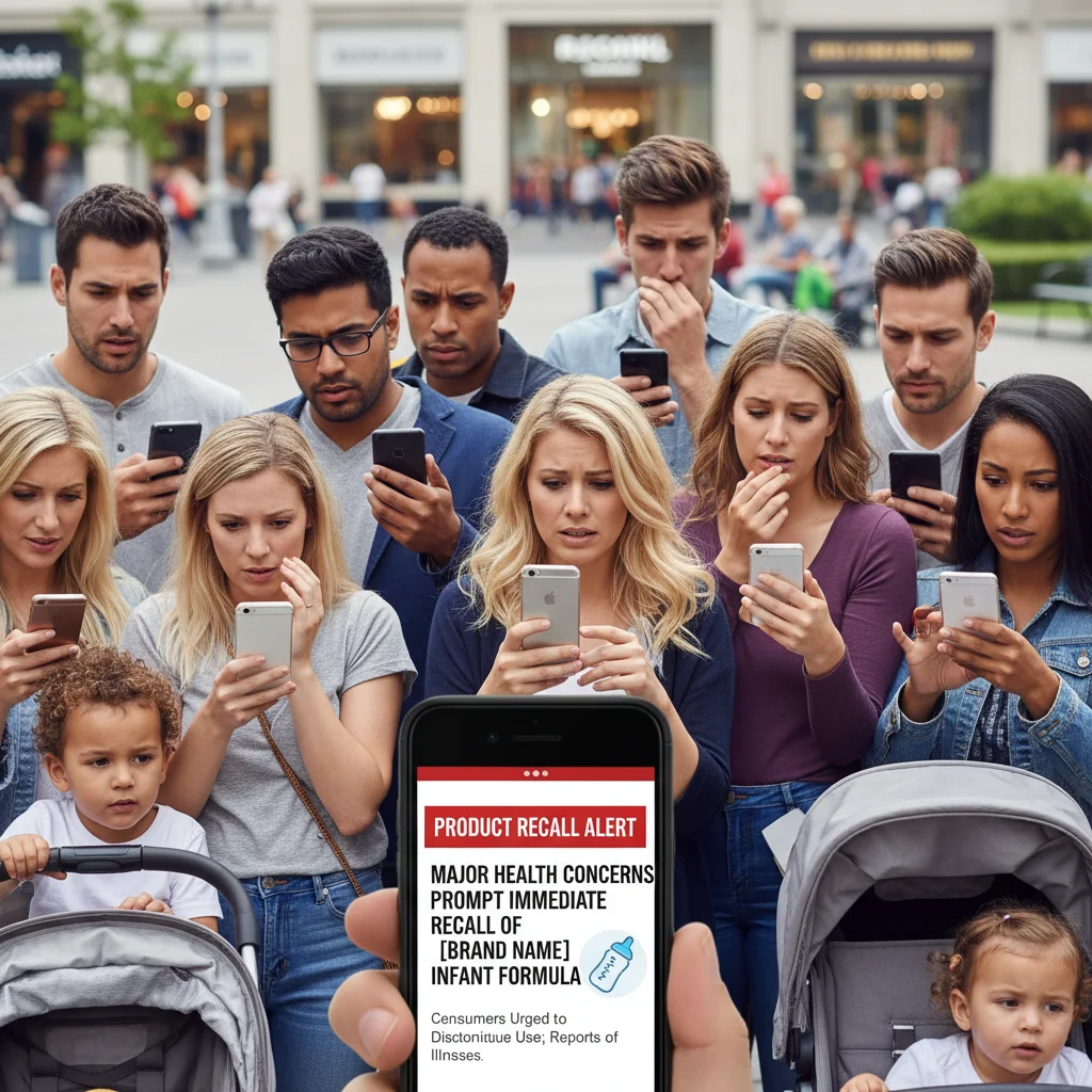 Consumers looking concerned while reading about an electronics product recall on their smartphones.