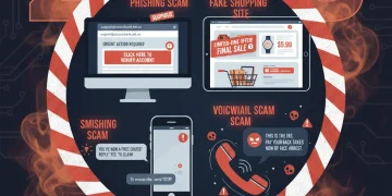 Illustration of common consumer scams in 2026 with warning signs