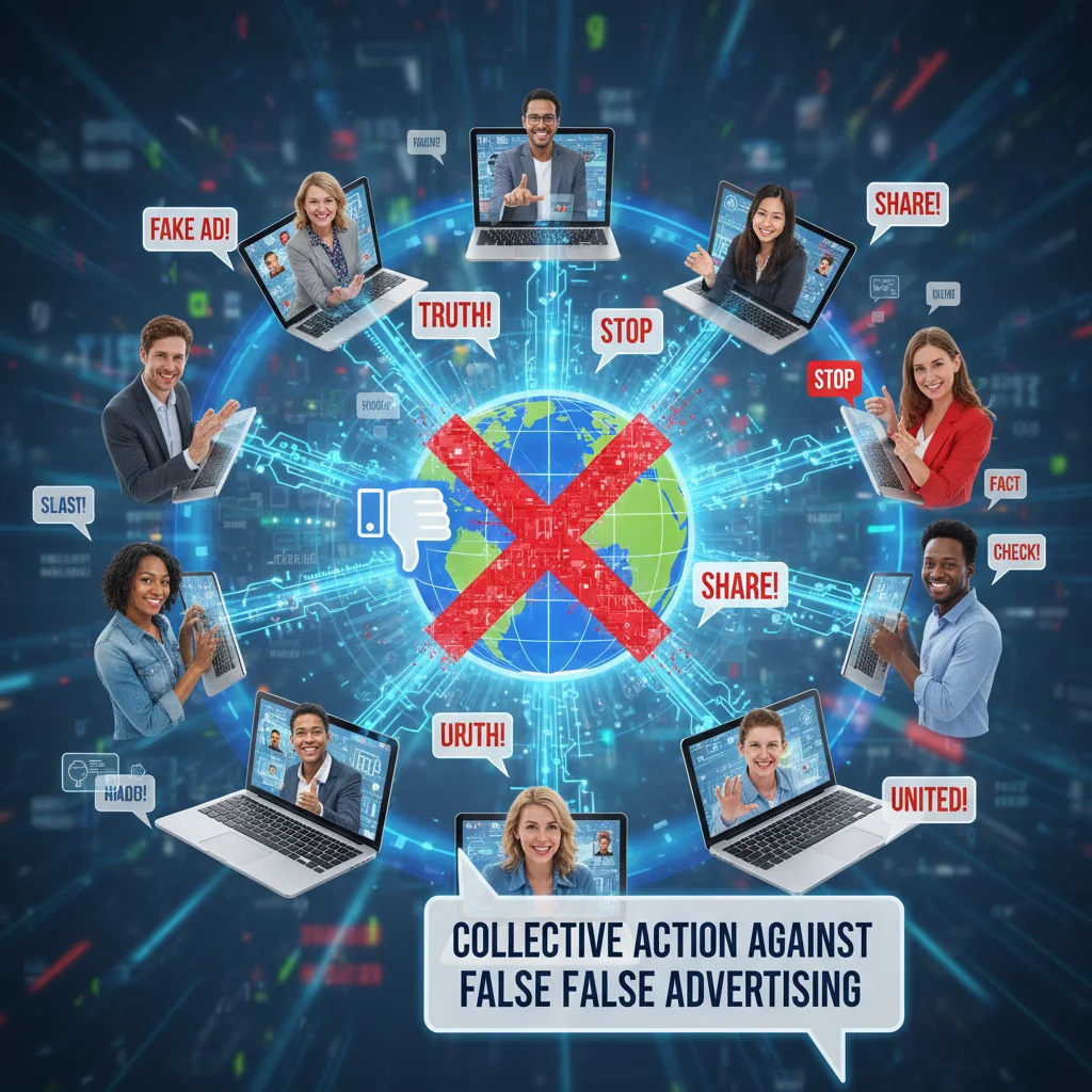 Diverse consumers collaborating online against misleading advertisements, symbolizing collective action.