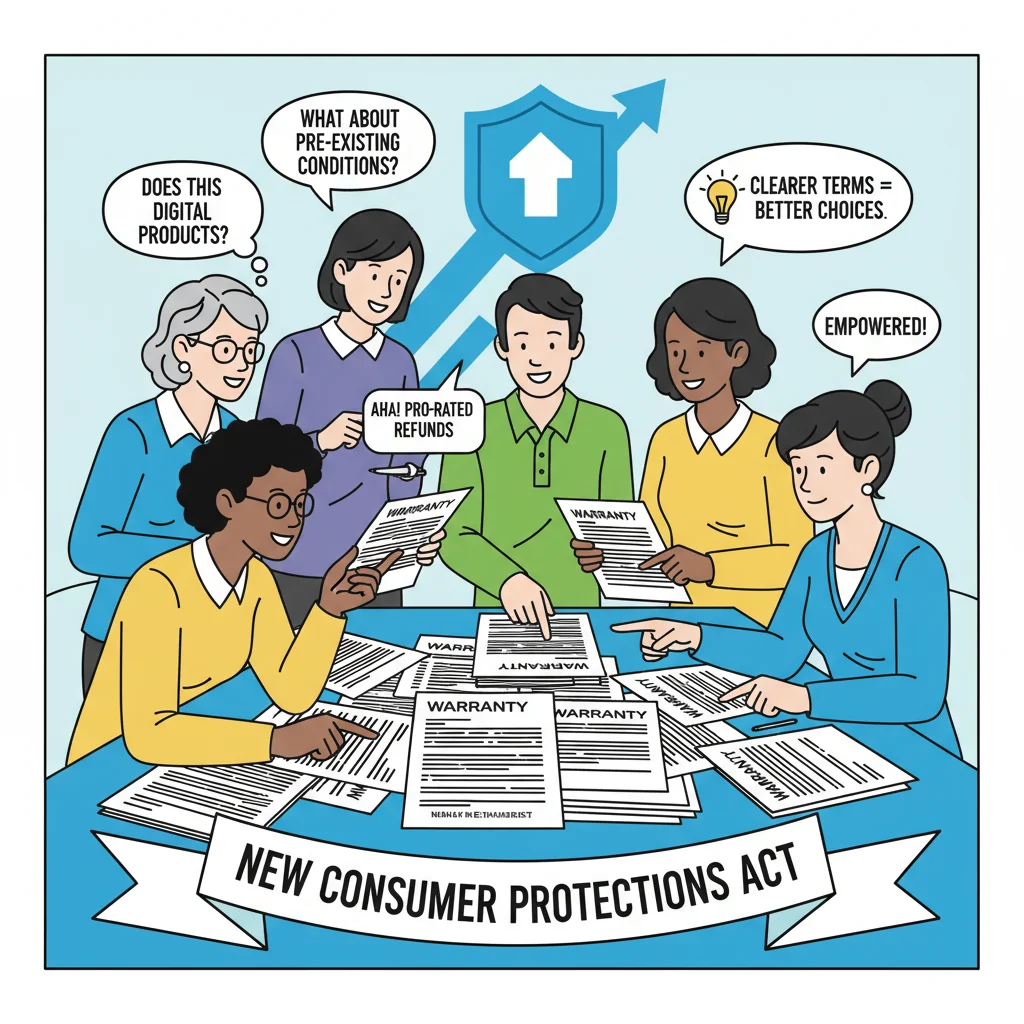 Consumers reviewing warranty terms and conditions, symbolizing informed purchasing decisions