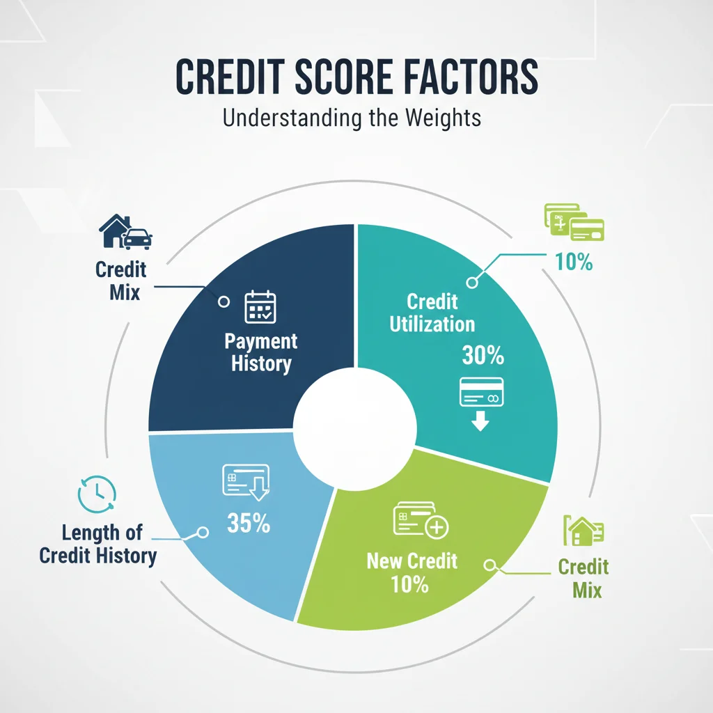 Infographic detailing the weighted percentages of the five primary credit score factors.