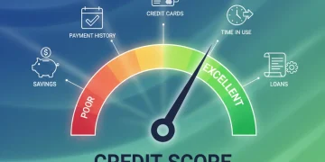 Credit score meter showing growth with financial icons, representing key factors influencing US credit scores in 2026.