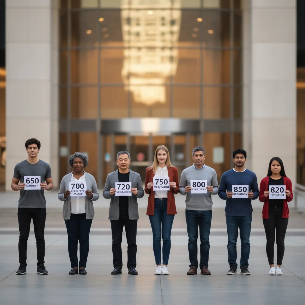 People holding credit score placards, representing the influence of credit scores on personal loan eligibility and rates.