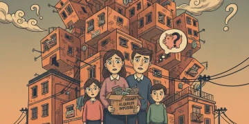 Familia preocupada frente a edificios de apartamentos, simbolizando la crisis de la vivienda en España.