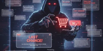 Illustration of dark patterns in online shopping, shadowy figure manipulating digital cart.