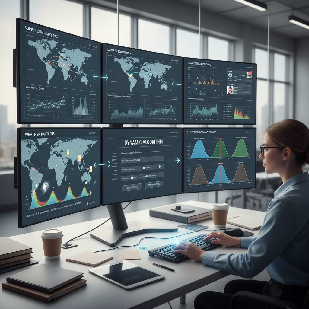 Data analyst monitoring a dynamic pricing algorithm dashboard.