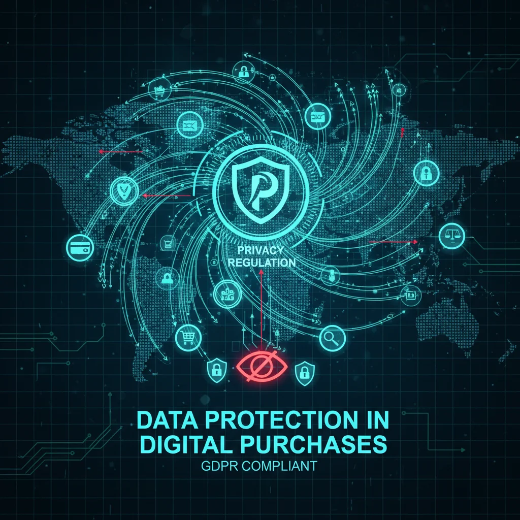 Graphic illustrating data privacy regulations and secure data flow.