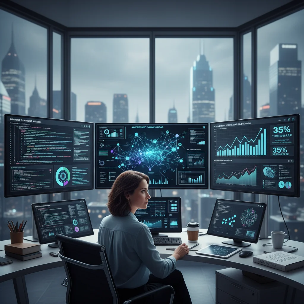 Data scientist working with complex algorithms and predictive models on multiple screens.
