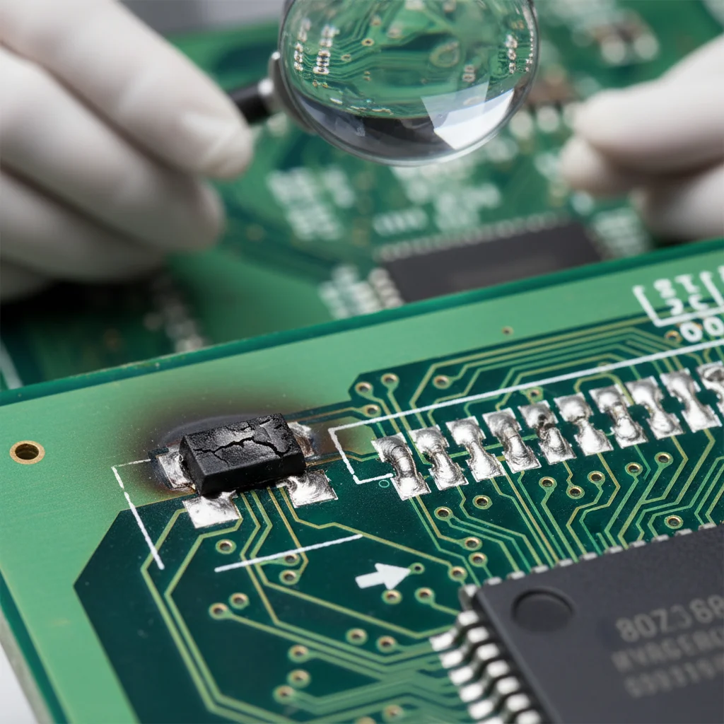 Close-up of a defective circuit board with a burnt component, highlighting manufacturing flaws in electronics.