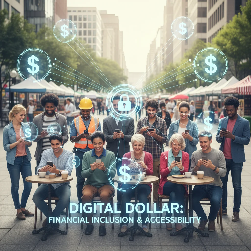Diverse individuals using digital payment apps, symbolizing financial inclusion with a digital dollar.