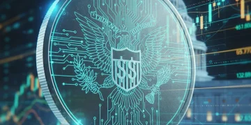 Digital dollar coin with circuits and global financial data, symbolizing future of currency in 2026.