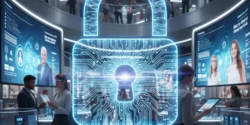 Your Privacy in 2026: Updated Data Collection by Retailers Digital padlock protecting data in a modern retail store environment.