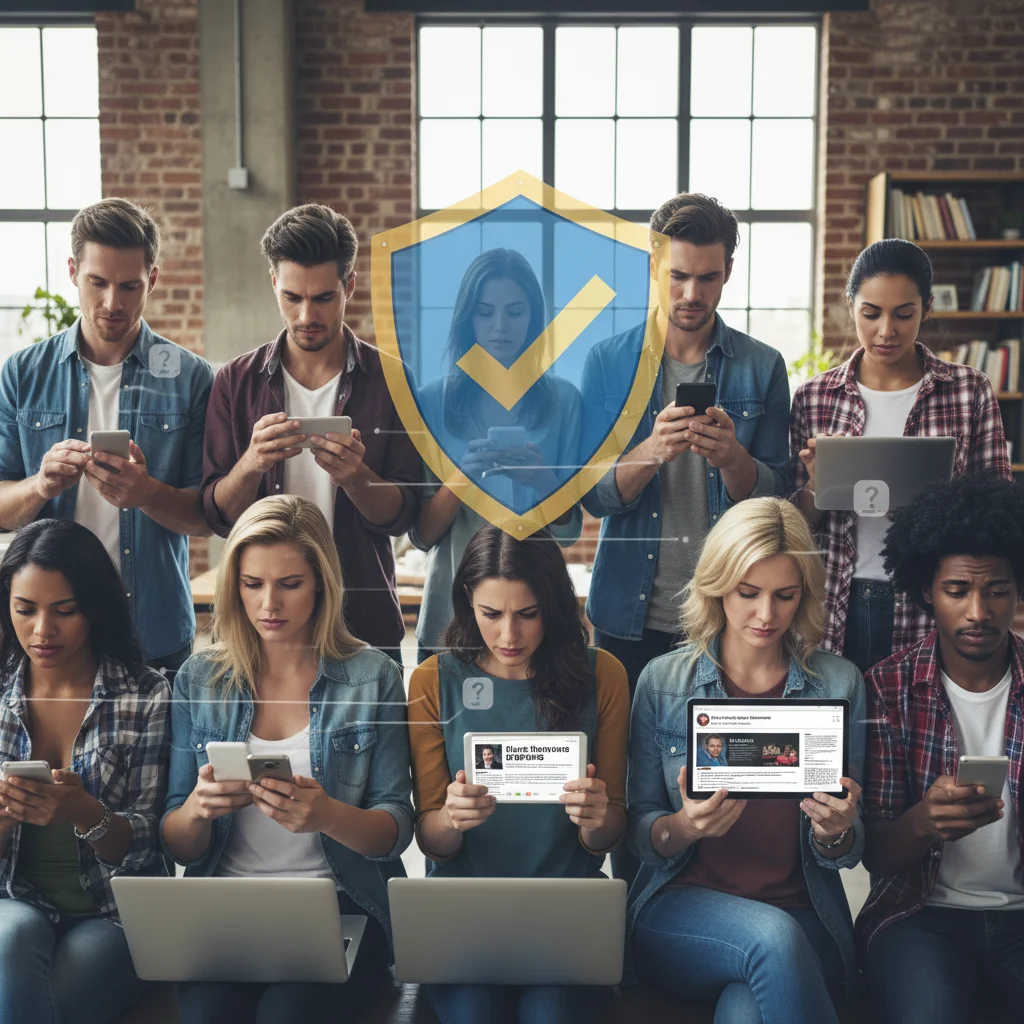 Diverse individuals engaging with online content on devices, symbolizing the collective challenge of discerning truthful information