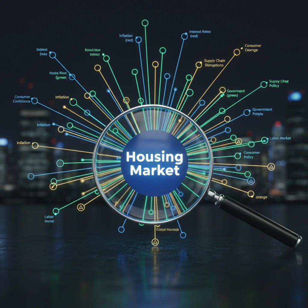 Infographic illustrating the interconnected economic factors influencing the US housing market in 2026, including interest rates and inflation.