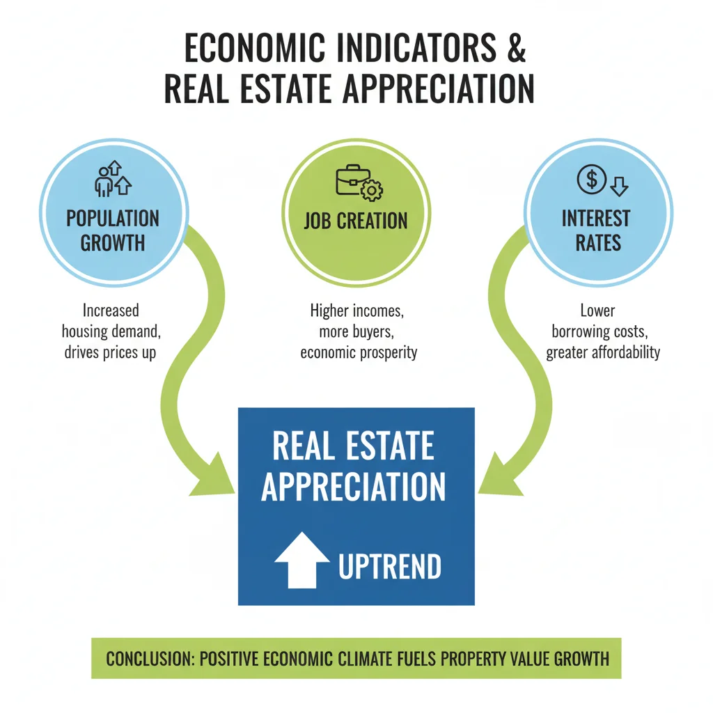Infographic displaying economic indicators influencing real estate appreciation such as population growth, job creation, and interest rates.
