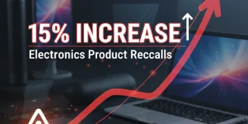 Electronics Product Recall Trends: A Deep Dive into the 15% Increase Graph showing a 15% increase in electronics product recalls over three months, with various electronic devices in the background.