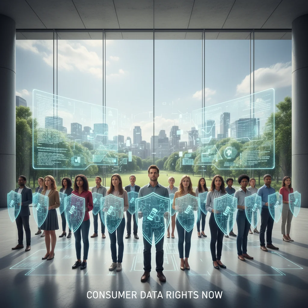 Empowered consumers with digital shields, representing legal protections against automated decisions.