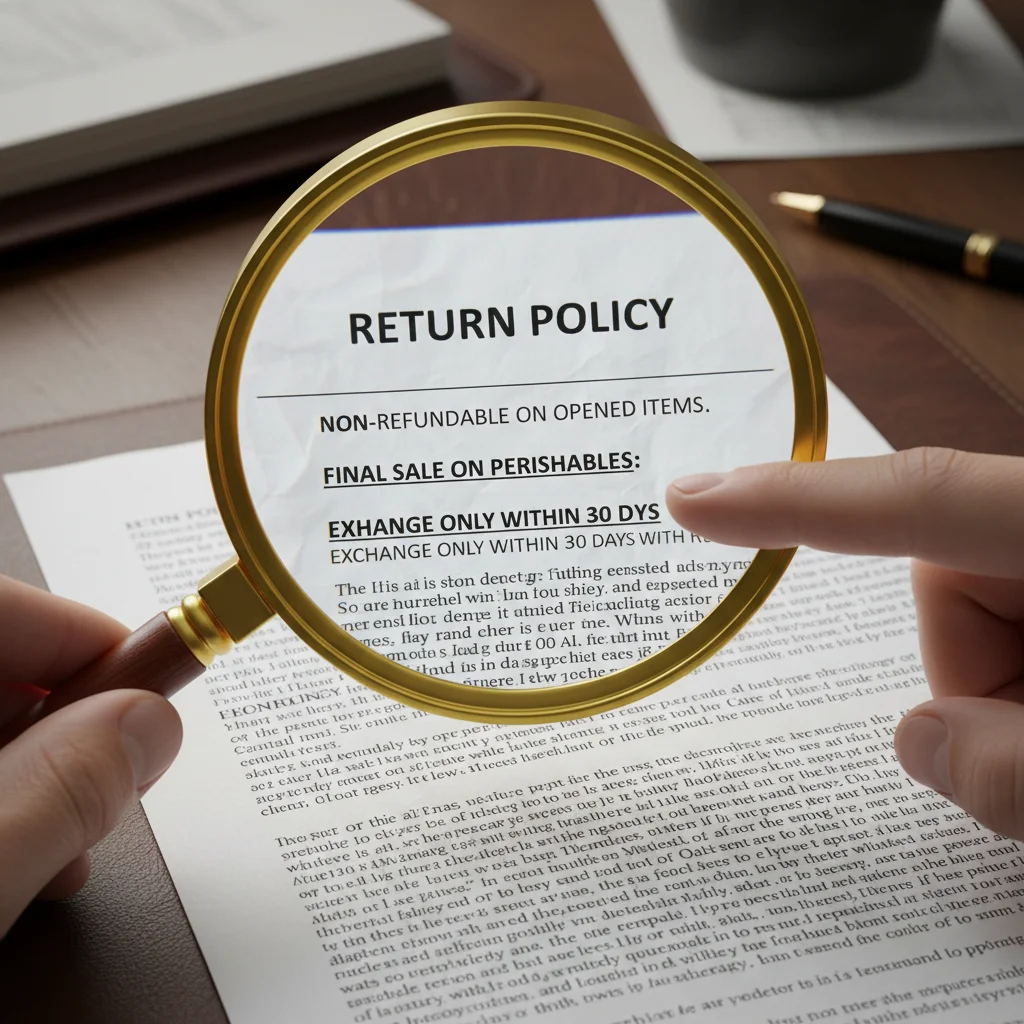Magnifying glass examining fine print of a store's return policy document.