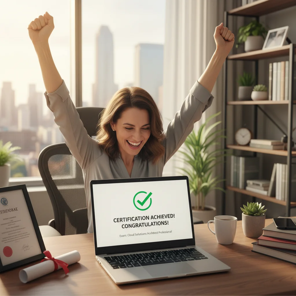 Individual celebrating successful completion of an online certification