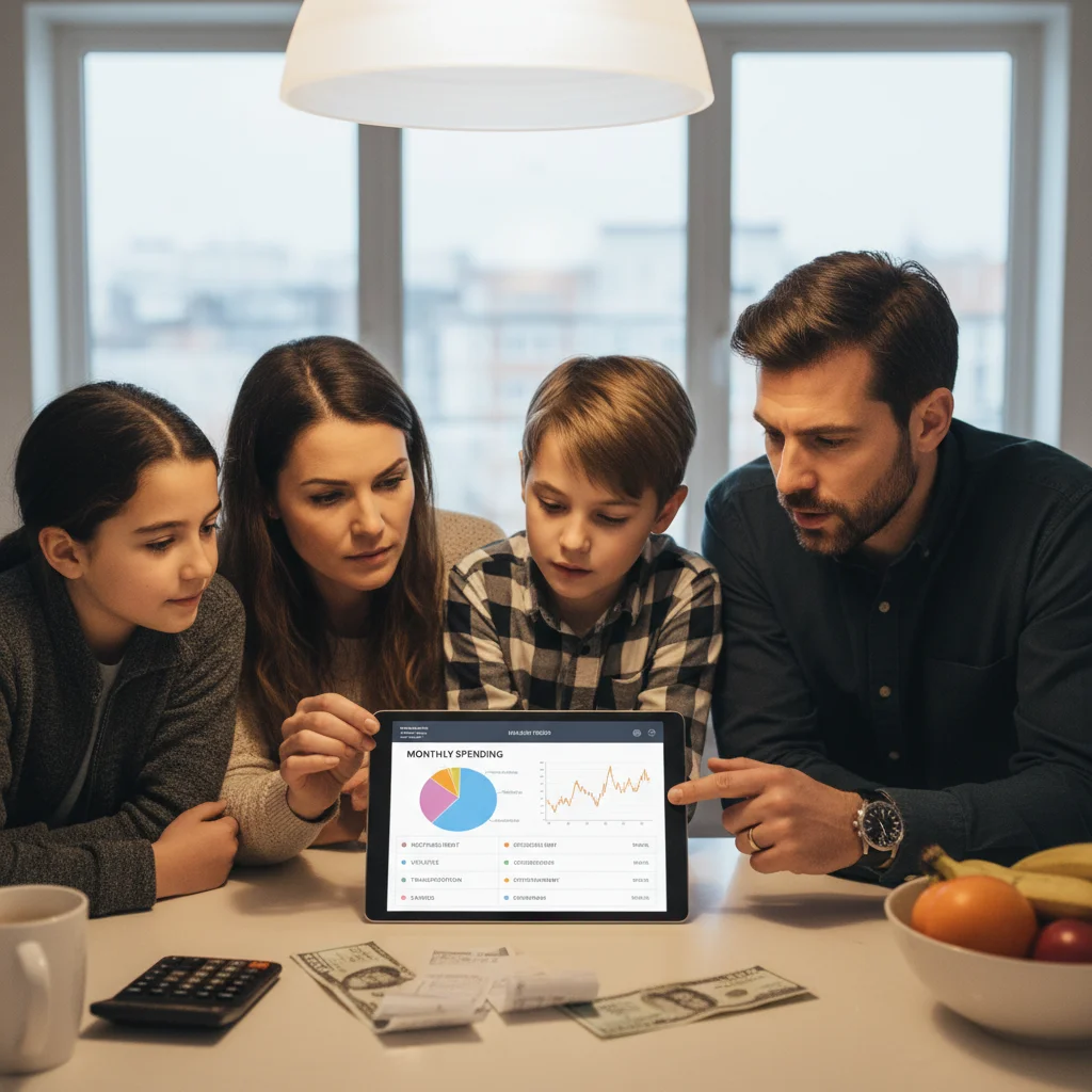 Family budgeting on a tablet to manage expenses during inflation.