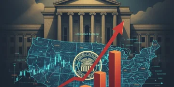 Federal Reserve building with rising interest rate chart and economic graphs