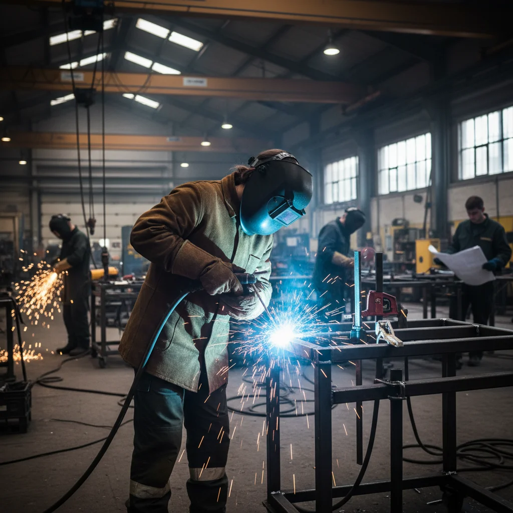Female welder demonstrating skills, sparks flying, in a busy apprenticeship training facility.