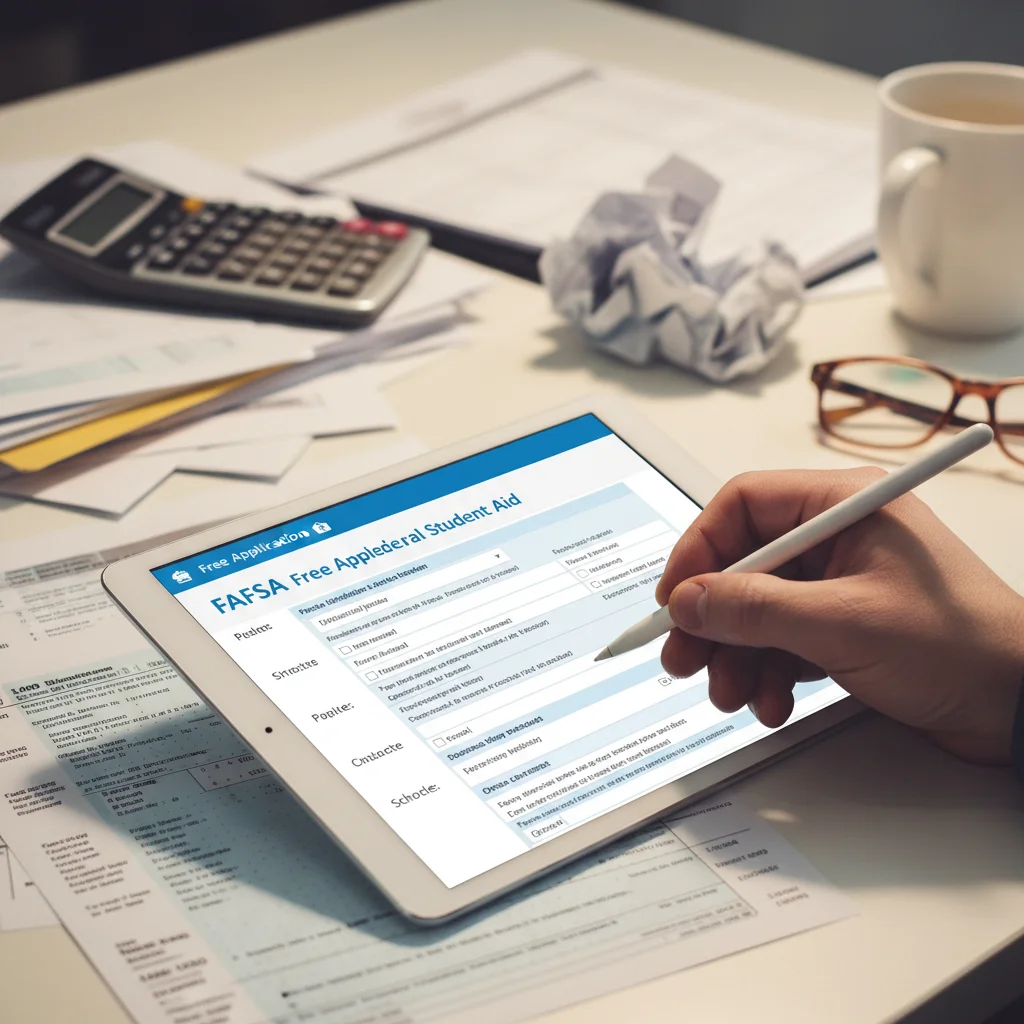 Hand filling out FAFSA form on a tablet with financial documents.