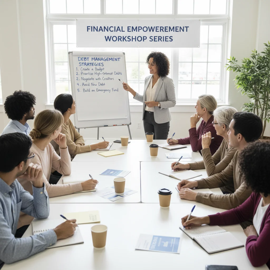 People learning about financial literacy and debt management in a group workshop setting.