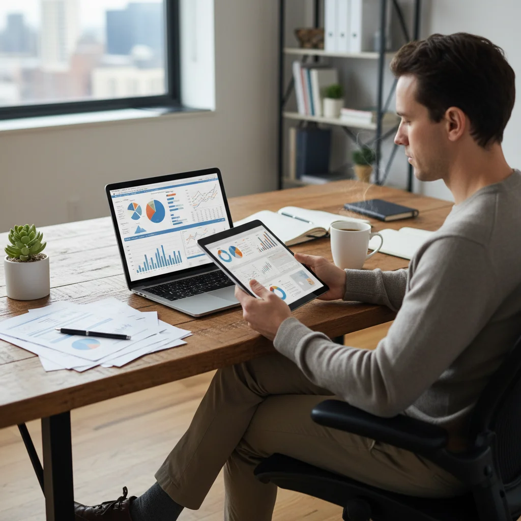 Person diligently reviewing financial documents on a tablet and laptop in a home office setting.