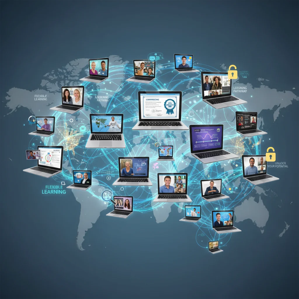 Digital devices interconnected, representing flexible learning pathways and micro-credentialing in adult education.