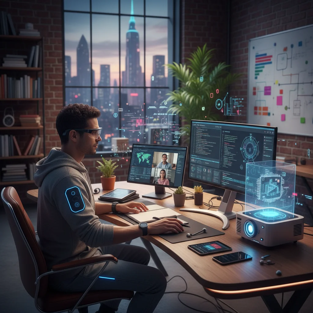 Persona aprendiendo en línea, rodeada de dispositivos digitales, representando el desarrollo continuo de habilidades.