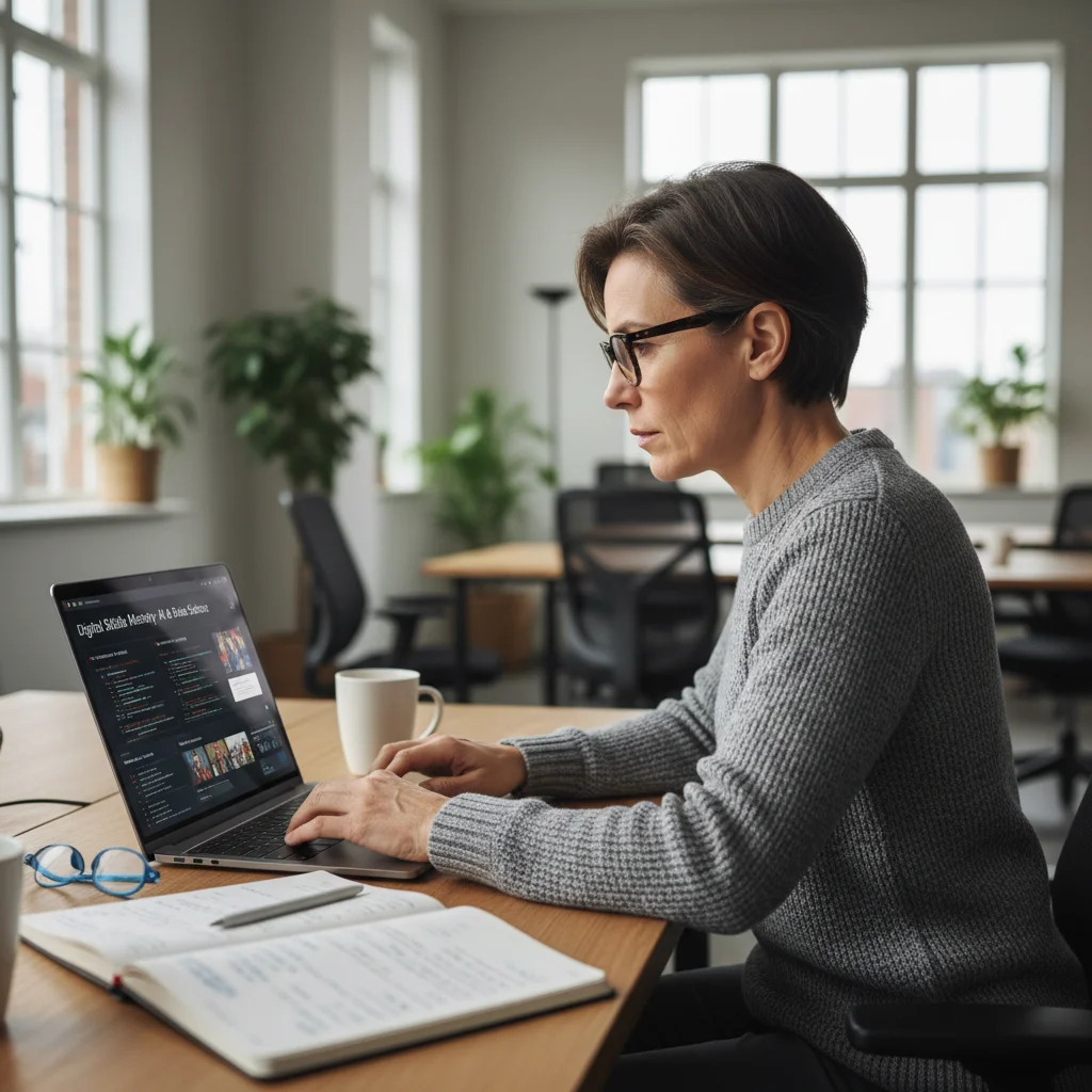Adult learner acquiring new digital skills through online training, representing career transformation.