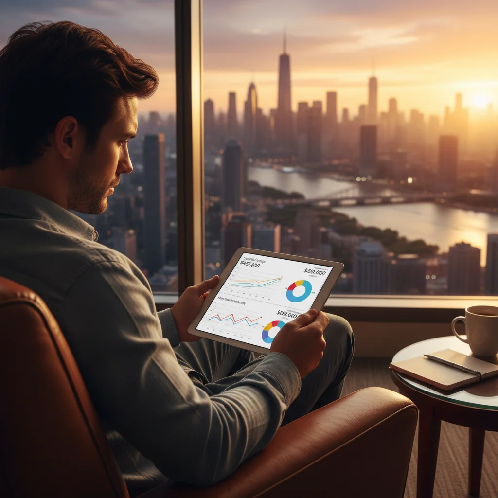 Freelancer planning retirement on a tablet, symbolizing long-term financial strategy for gig workers.