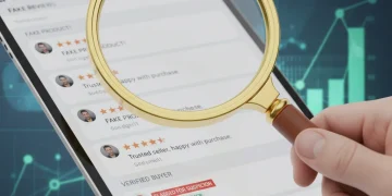 Magnifying glass over online reviews on a tablet, symbolizing FTC scrutiny
