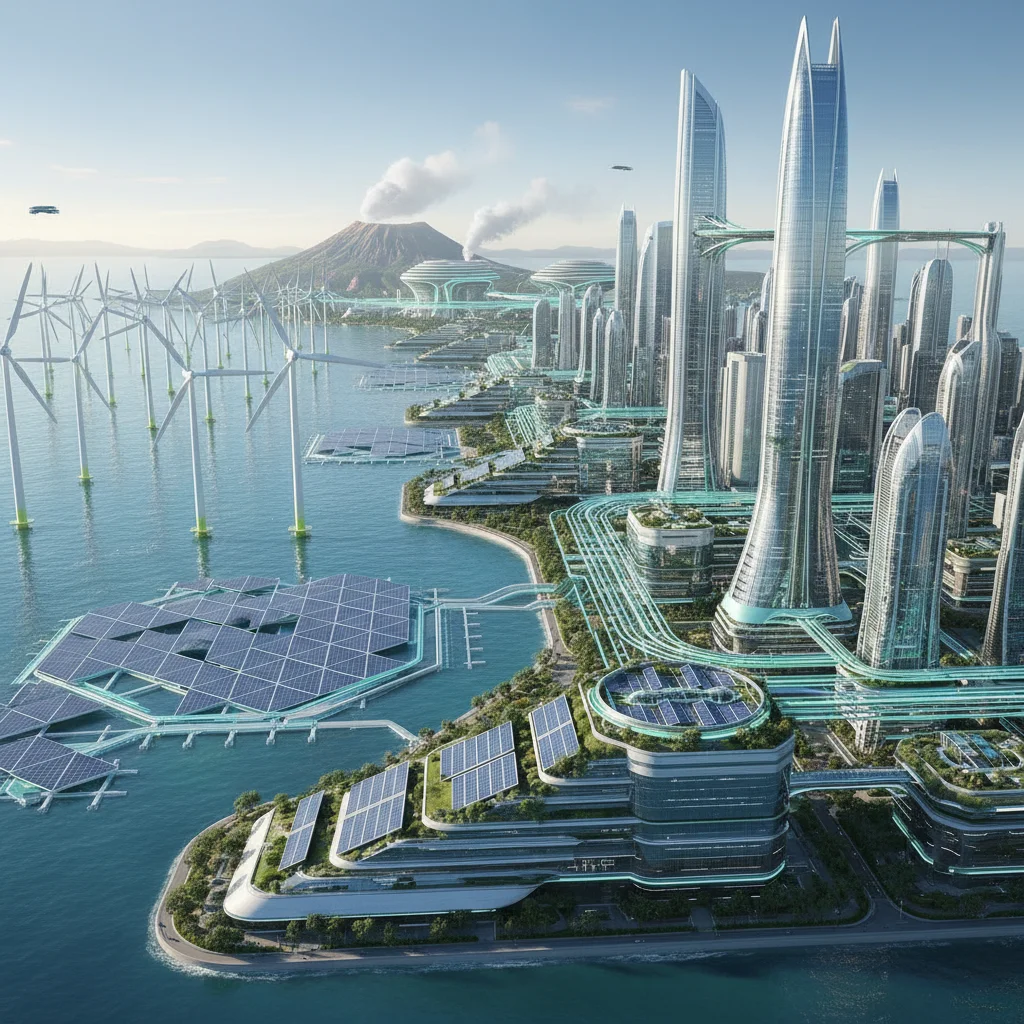 Futuristic city powered by diverse clean renewable energy sources and sustainable infrastructure