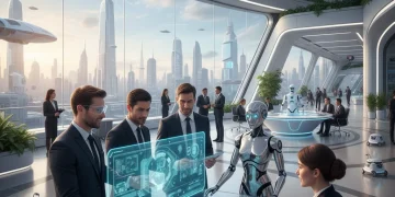 Professionals collaborating with AI and automation in a modern office setting.